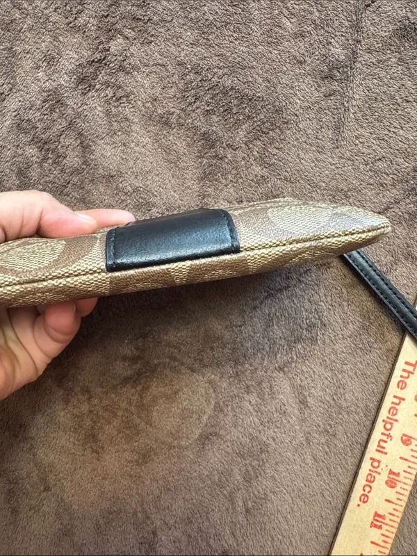 Coach Brown Signature Canvas Wristlet with Black Center Stripe - Image 6