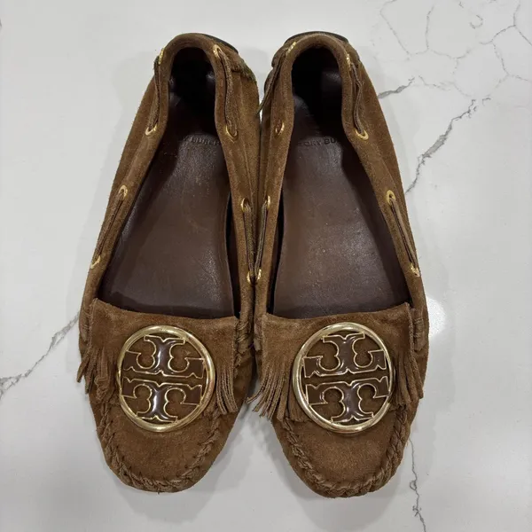 Tory Burch Shoes Womens Size 9 Alexandra Suede Moccasins Cognac Brown Leather - Image 2