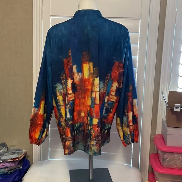 Women's Abstract Button Down Shirt - Blue and Orange - Image 3