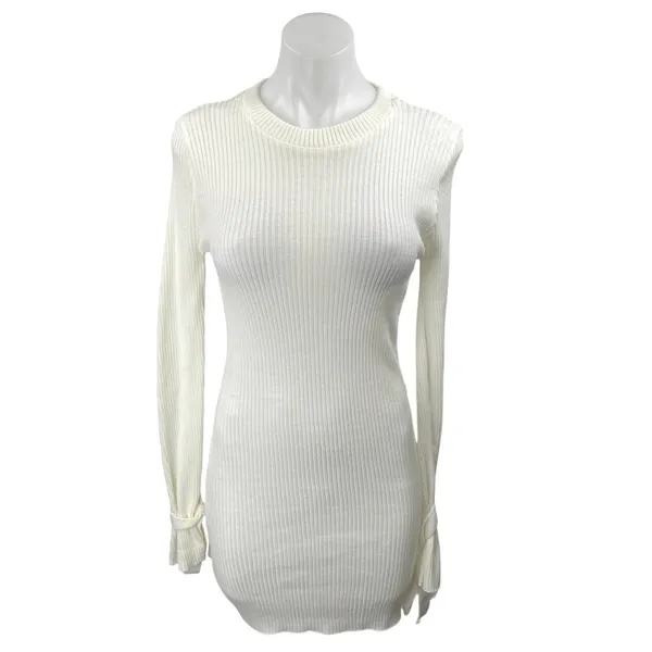 Boohoo White Ribbed Knit Crew Neck Long Sleeve Sweater Mini Bodycon Dress Size S - Image 5
