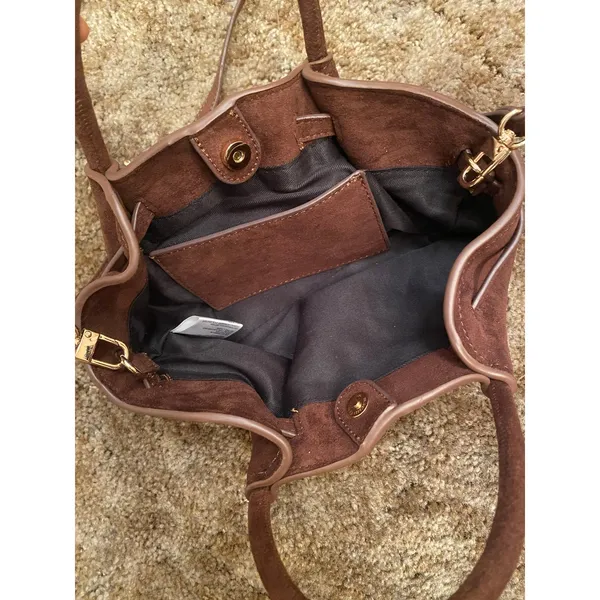 Chic Brown Faux Suede Crossbody Bag Gold Accents Minimalist Top Handle Satchel - Image 6