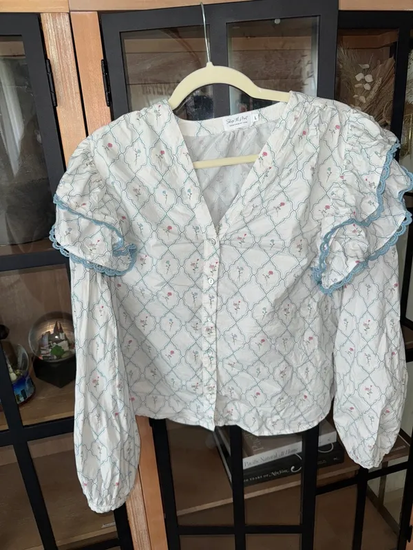 Shop The Mint Rendezvous Medallion Blouse block print top ruffle floral lace - Image 9