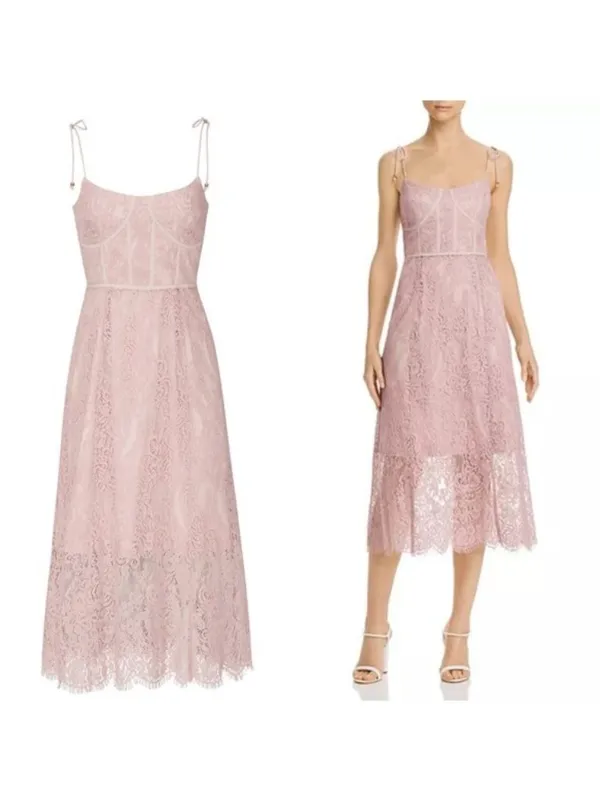 Keepsake The Label Sense Lace Midi Dress 10 Pink Sheer Sweetheart Tie Sleeve - Image 3