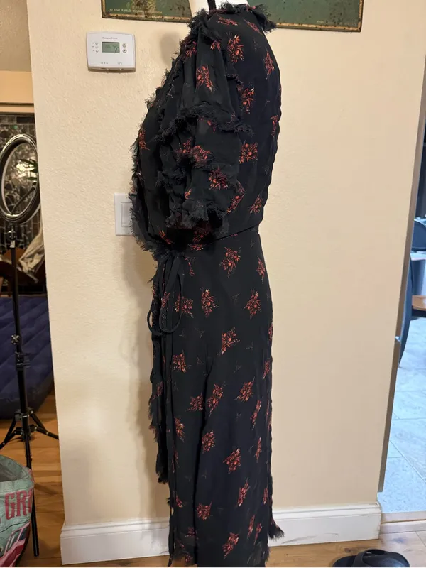 Dranella Wrap Lightweight Semi-Sheer Floral Black Small Frayed Fairy Dress - Image 4