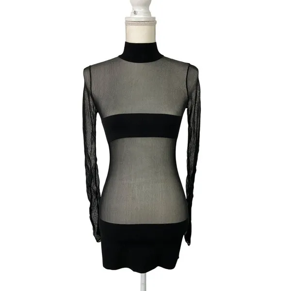 MONOT Contrasting Bands Mini Dress in Black 2 New Womens Sheer Panel Long Sleeve - Image 4
