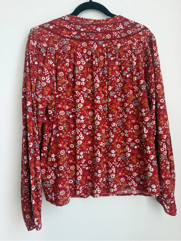 Universal Thread Red Floral Tie-Neck Long Sleeve Blouse - Image 3