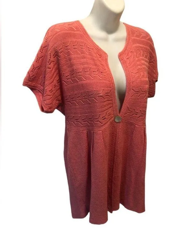 Crochet Linen Blend Tunic Cardigan Sz. L Coral One Button Closure Spring - Image 2