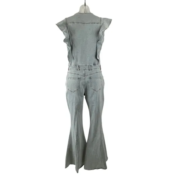 NEW Blue B Retro Ruffle Sleeve Bell Bottom Button Up Denim Jumpsuit Romper Sz L - Image 4