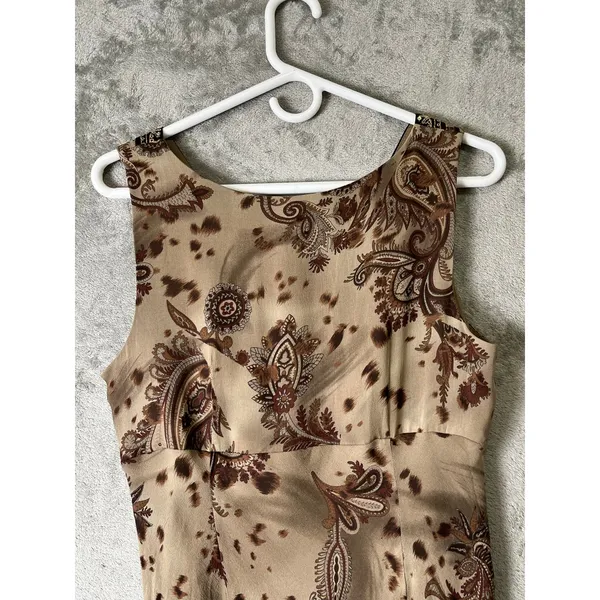 Vintage Y2K Boho Paisley Silk Midi Dress V Neck Earth Tone Flowy Cottagecore SM - Image 4