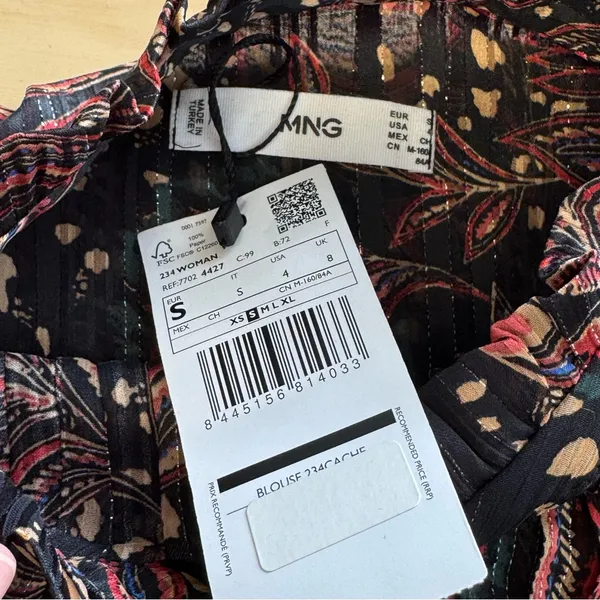 NWT Mango Floral Paisley Metallic Contemporary Ruffle‎ Sheer Blouse Blk Burgundy - Image 7