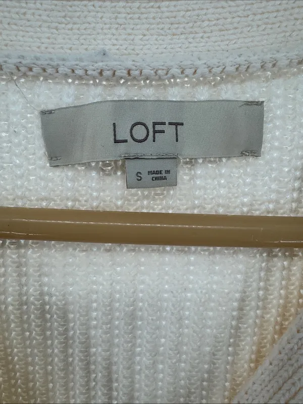 LOFT Cream Ribbed slouchy cropped cardigan S cotton casual fall winter neutral - Image 6