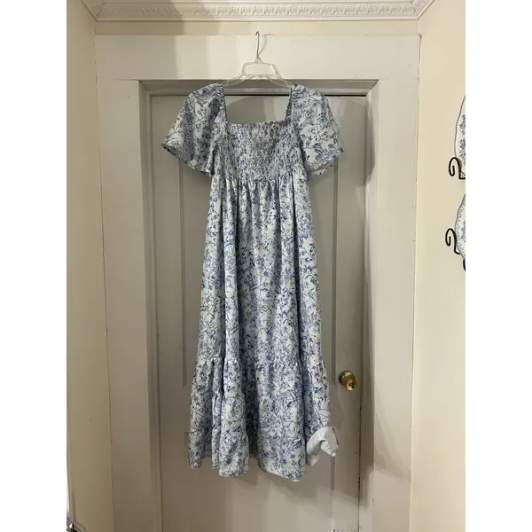 Blue Smocked Floral Toile Puff Sleeve Maxi Dress Cottagecore Ruffle Modest Sz 6 - Image 5