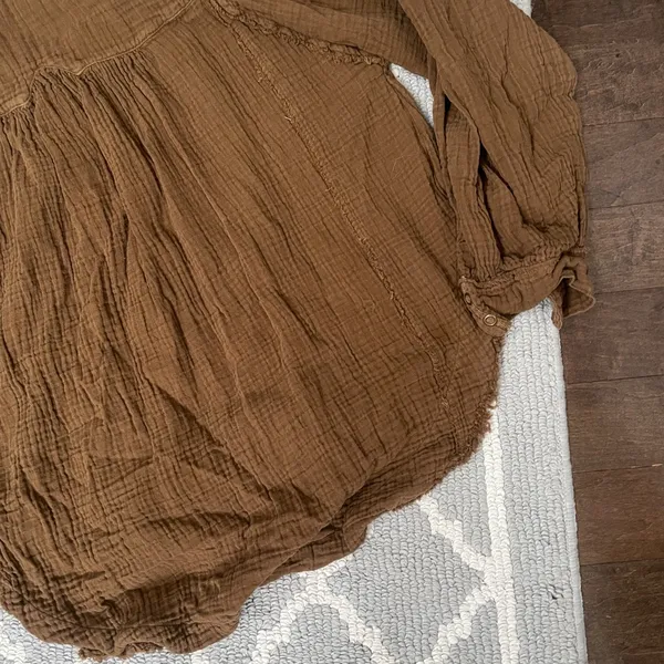 We the free forest green oversized soft linen long sleeve Henley flowy top - Image 11