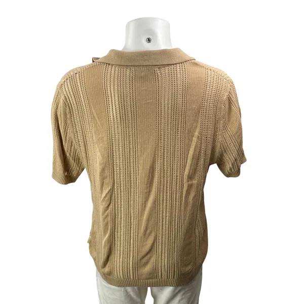 Urban Outfitters Men's Beige Short Sleeves Open Knit Striped Polo Sweater Top L - Image 3