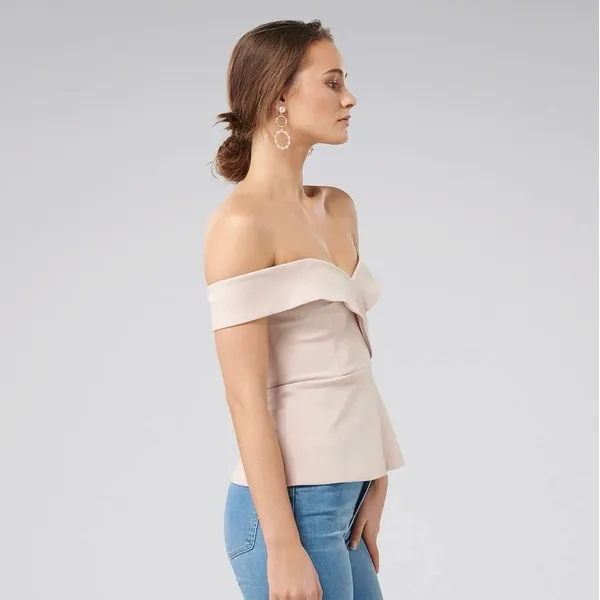 Forever New Pink Shakira Cross Over Off-shoulder Peplum Ponte Zip Top Blouse S - Image 4