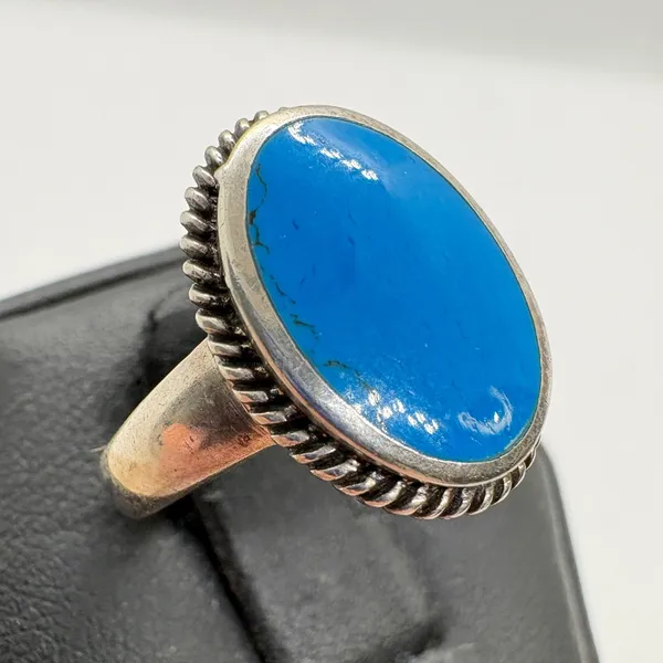 Vintage Turquoise Sterling Silver Ring Signed‎ SE Size 6 Oval Blue Stone 925 - Image 2