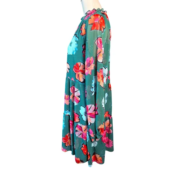 Lark + Grey Womens L Green Floral Ruffle Tie Neck Long Sleeve Tiered Midi Dress - Image 5