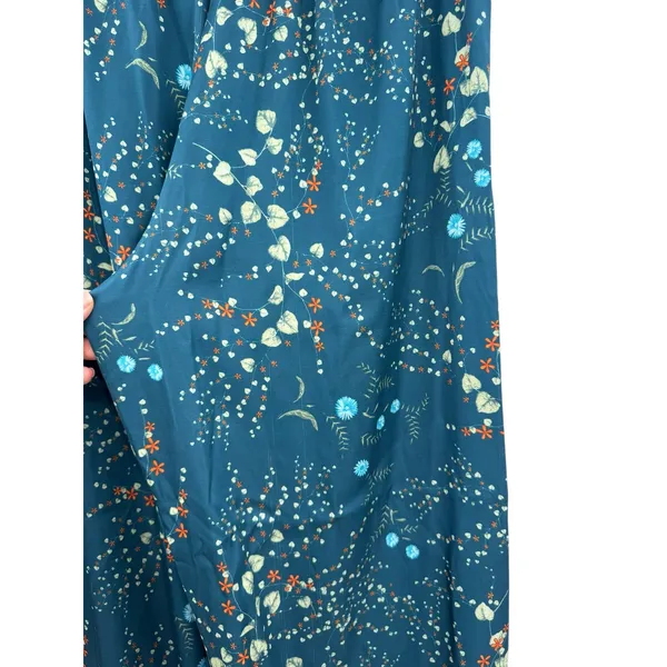 Bed To Brunch Botanical Pajama Lounge Pants Teal Satin Feel Drawstring Small‎ - Image 9