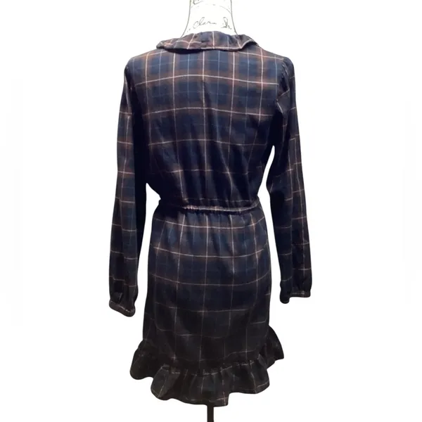 Sunner Navy plaid Cotton Ruffle wrap dress. Size Medium Blue - Image 3