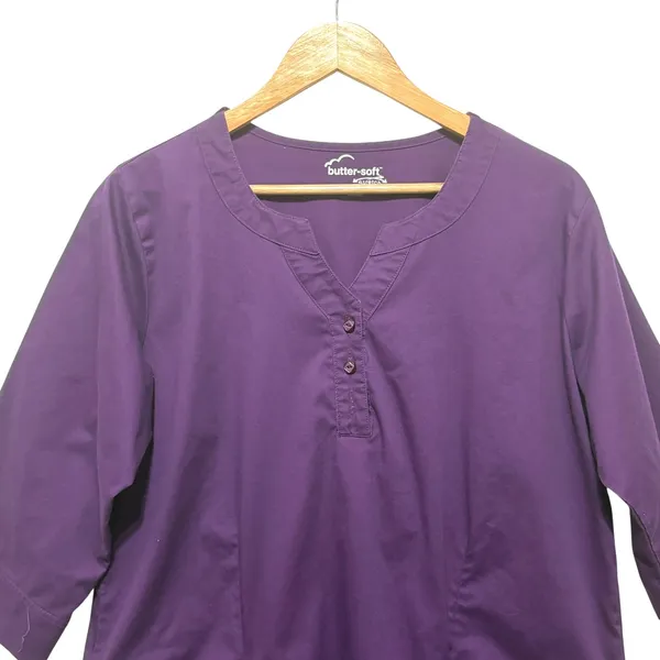 Butter Soft Womens Scrub Top L Purple V Neck 3/4 Sleeve Stretch‎ Nursing Uniform - Image 3