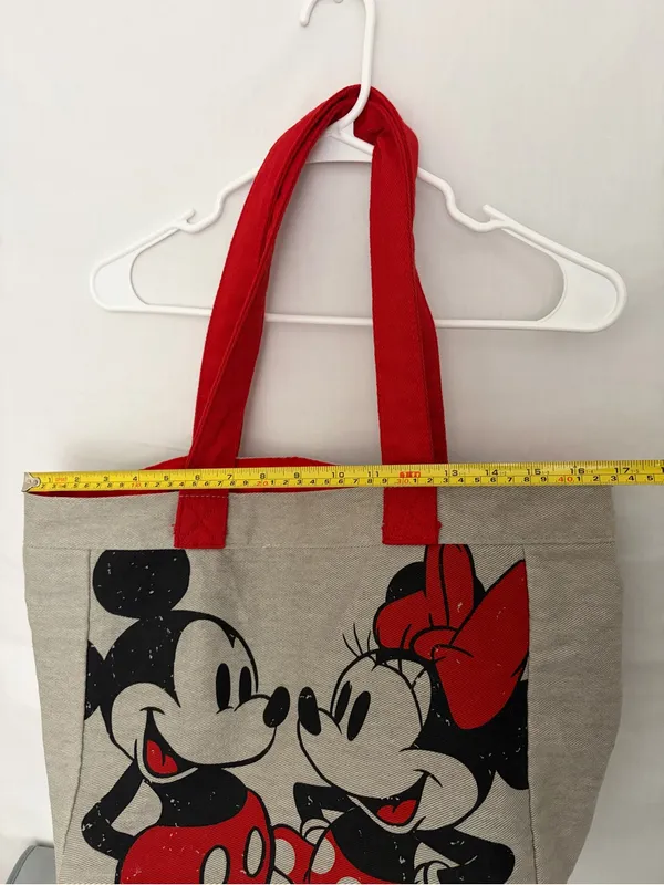 Disney Store Mickey Minnie Mouse Kissing Canvas Tote Bag Red Handles Pocket(F314 - Image 2