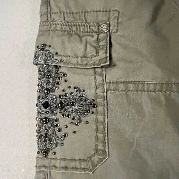 Miss Me • Olive Green Cargo Jeans Bead Embellished Cross Accent Size 26 - Image 4