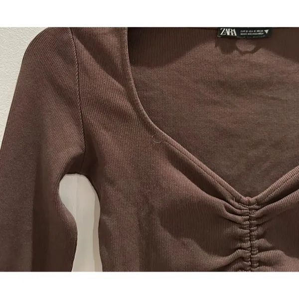 Zara Brown Ruched Drawstring Front Crop Top - Image 3