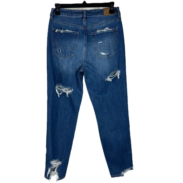 American Eagle SZ 4 Mom Jeans Hi-Rise Distressed Rips Zip-Fly Whiskered Blue - Image 6