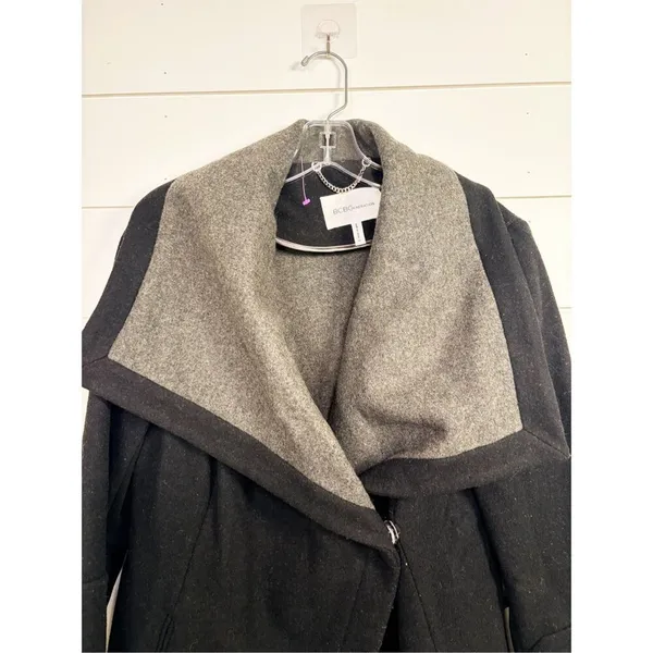 BCBGeneration Women's Wool Blend Knit Trim Trench Coat Black Gray Size Medium - Image 3