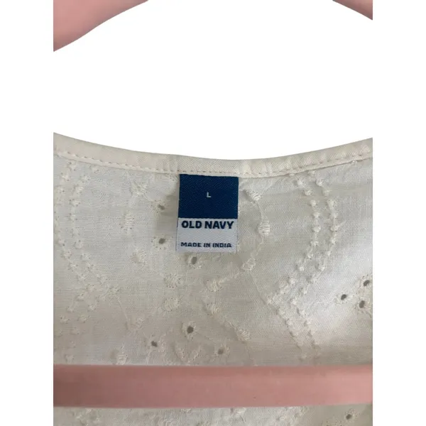 Old Navy Cream Embroidered Tie-Neck Blouse Balloon Sleeve Women’s Size L Peplum - Image 7