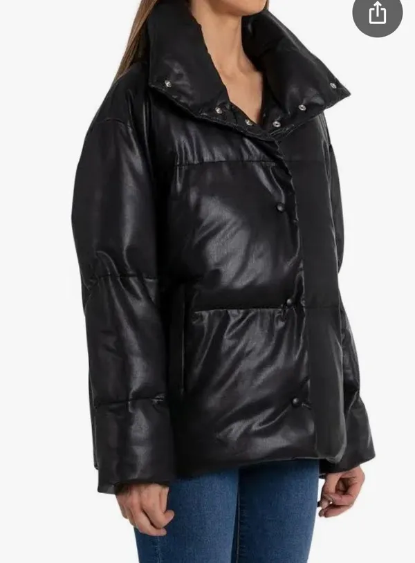 Faux Leather black Puffer Jacket - Image 3