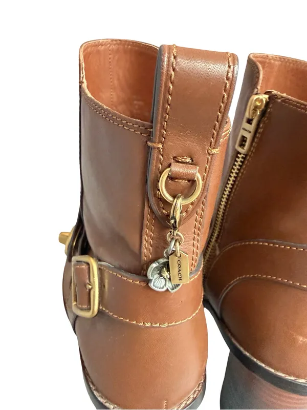 Coach Saddle Tan Leather Moto Buckle Heeled Ankle Booties Biker Size 8.5 Women's - Image 2