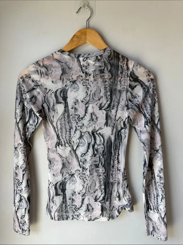 Open Edit Sheer Marble Print Long Sleeve Top - Image 3