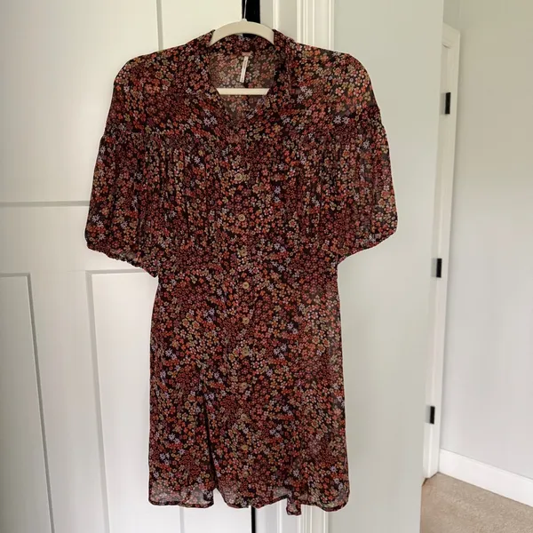 Free People Bonnie Mini Dress Floral short‎ sleeve buttons sheer - Image 3