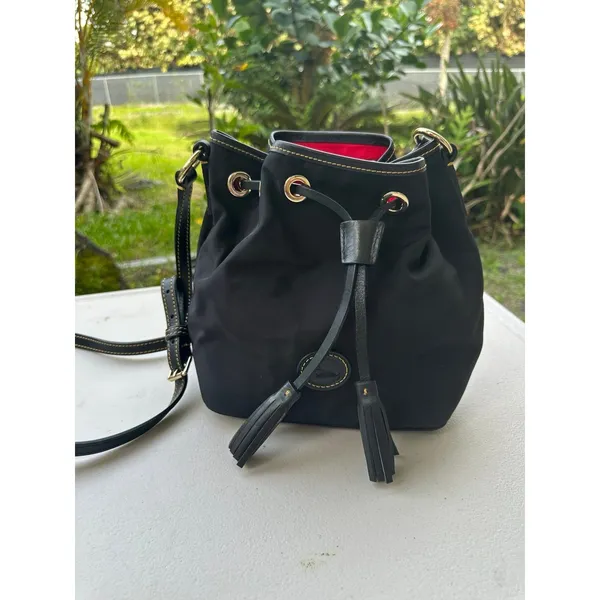 Dooney & Bourke K0689922 Black Nylon Leather Trim Drawstring Bucket Bag - Image 2