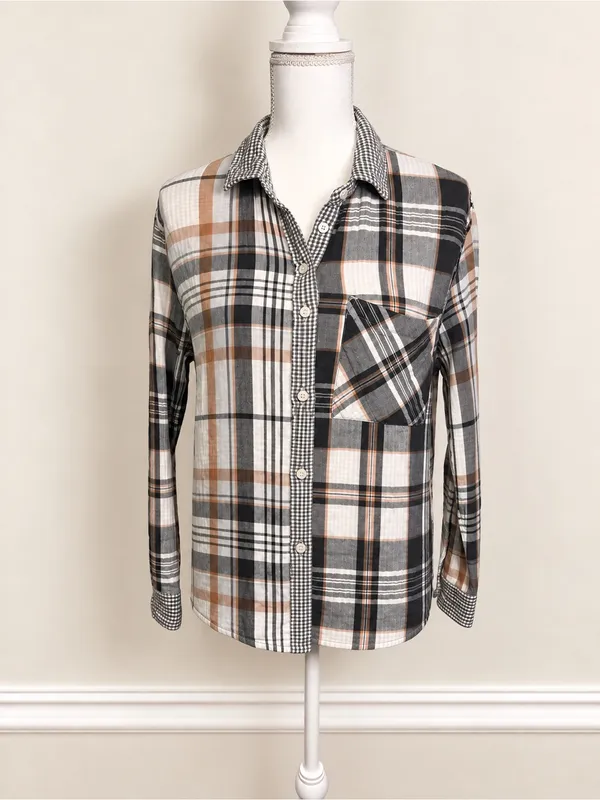 Aerie Patchwork Plaid Cotton Button Down Shirt Small Oversized Fall Top Everyday - Image 2