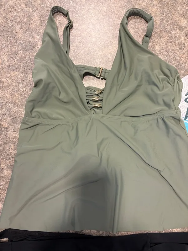 Time and Tru Olive Green Tankini Top with Black Bikini Bottom - Image 2