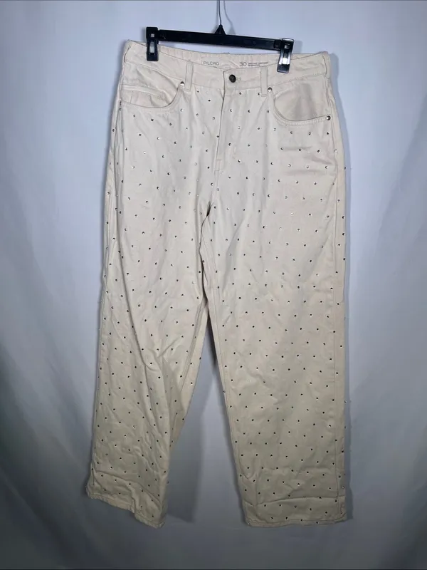 Pilcro Anthropologie Relaxed Wide Leg Cuffed Sparkle Jean Pant Cream 30 - Image 2