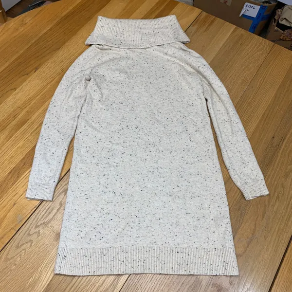 Loft Women XS‎ Speckled Cowl Neck Sweater Dress Cream Oatmeal Button Cuff Tunic - Image 4
