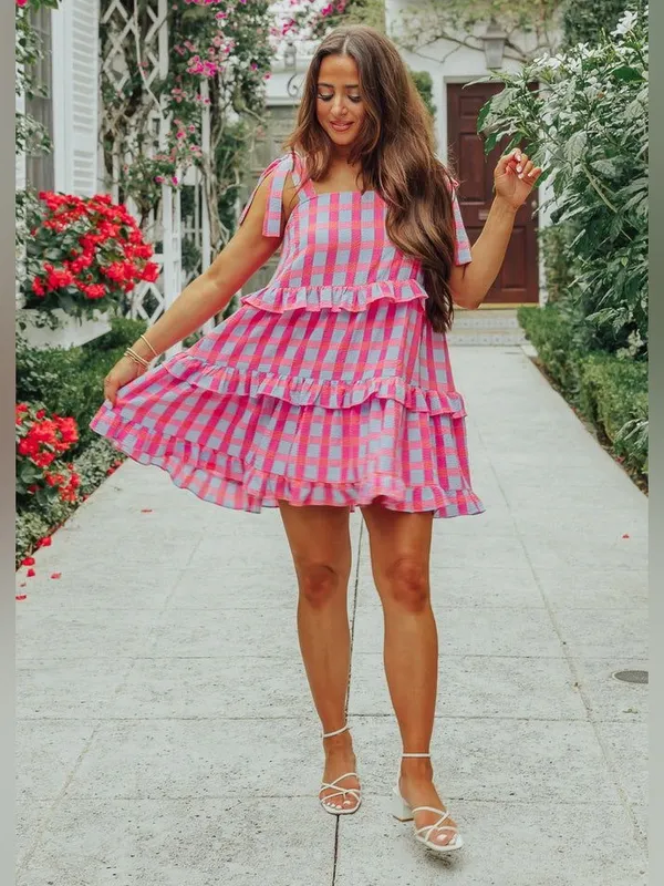Buddy love gingham ruffle tiered mini dress bows babydoll periwinkle tie straps - Image 2