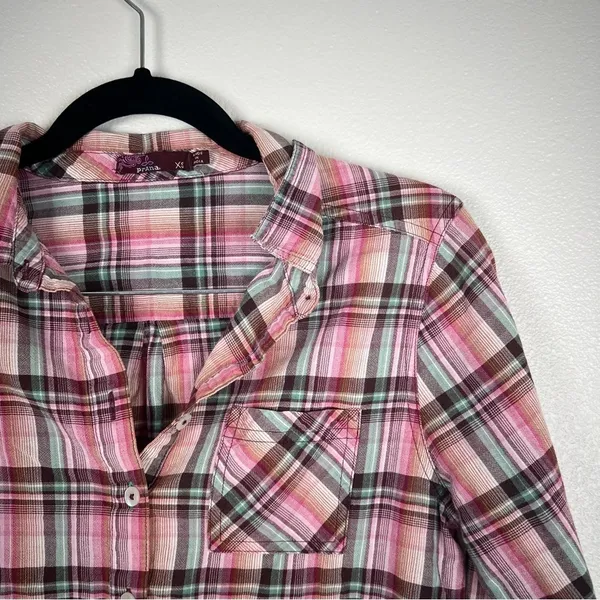 Prana Womens XS Plaid Henley‎ Pullover Long Sleeve Roll Tab Shirt Pink Brown - Image 3