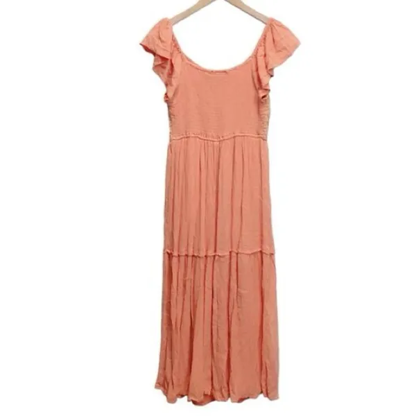 Sincerely Jules Milkmaid Tiered Maxi Dress Sleeveless Flutter Sleeve Coral Large - Image 4
