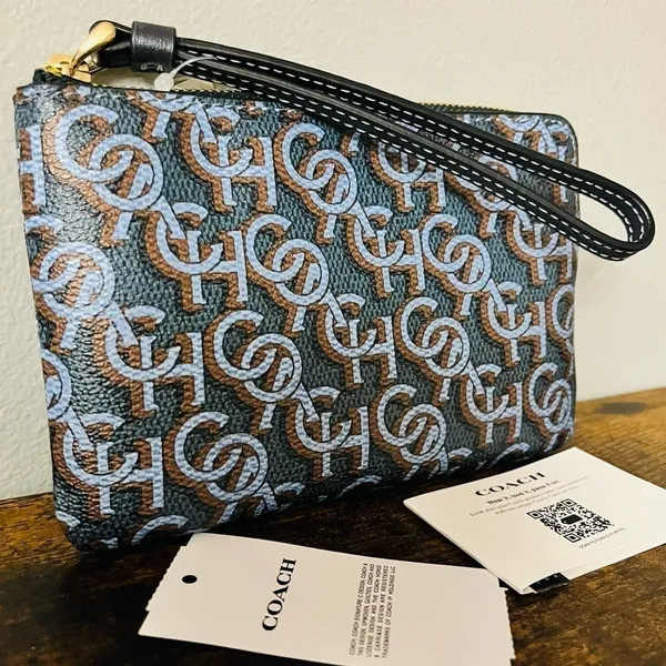Coach Navy Monogram Corner Zip Wristlet Gold Hardware NWT - Image 3