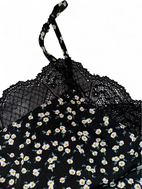 SheIn Maternity Black Lace-Trim Camisole Tank Top with White Daisy Print - Image 3