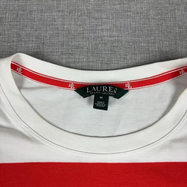 Lauren Ralph Lauren T-Shirt Womens M Red Striped Crew Neck Short Sleeve Nautical - Image 4