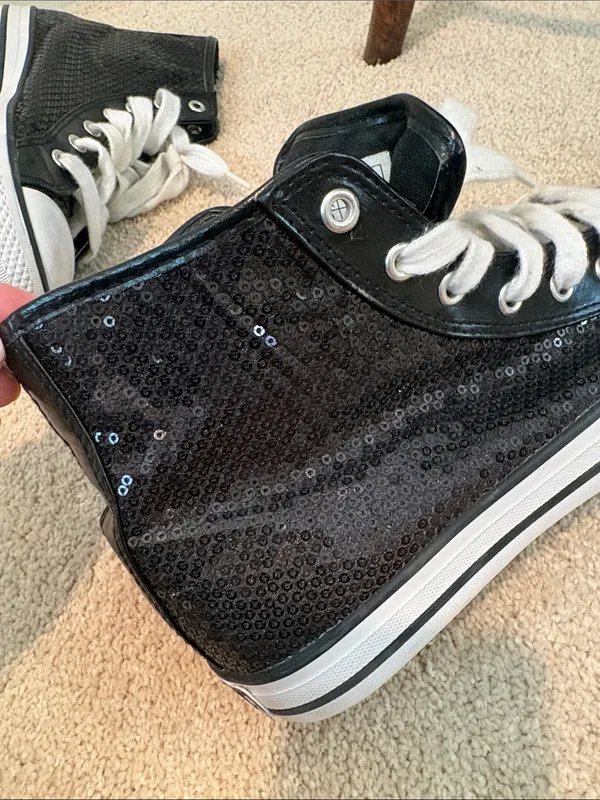 Black Sequined High-Top Sneakers with White Laces - Image 2