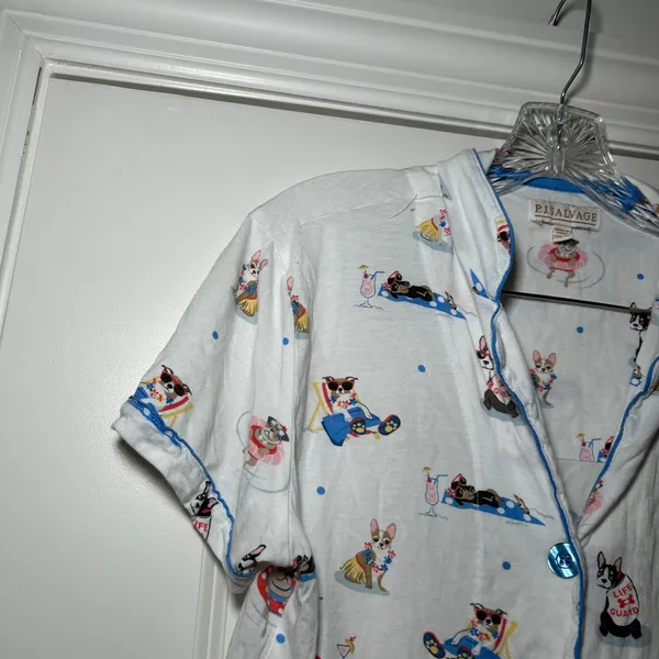 PJ Salvage Womens XS Pajama Top White Beach Dog Print Button Up Short Sleeve - Image 2