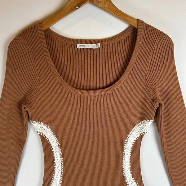 Mon Renn Brown Ribbed‎ Knit Mini Dress Long Sleeve Crochet Trim Detail Small - Image 4
