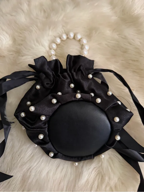Boutique Pearl-Handle Black Satin Drawstring Satchel - Image 4