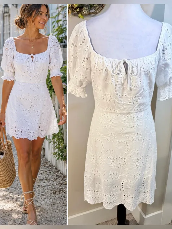 7 For All Mankind White Eyelet Puff Sleeve Babydoll Dress Size M💛 - Image 2